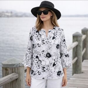Talbots Chiffon Tunic Top White/Black Botanical Print Bell Sleeves Demure Sx 2Xp